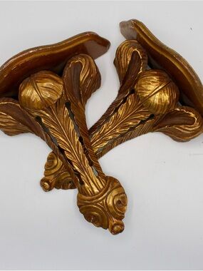 Pair of Vintage Gold Leafed Wall Brackets, Wooden Sconces, Acanthus Leaf